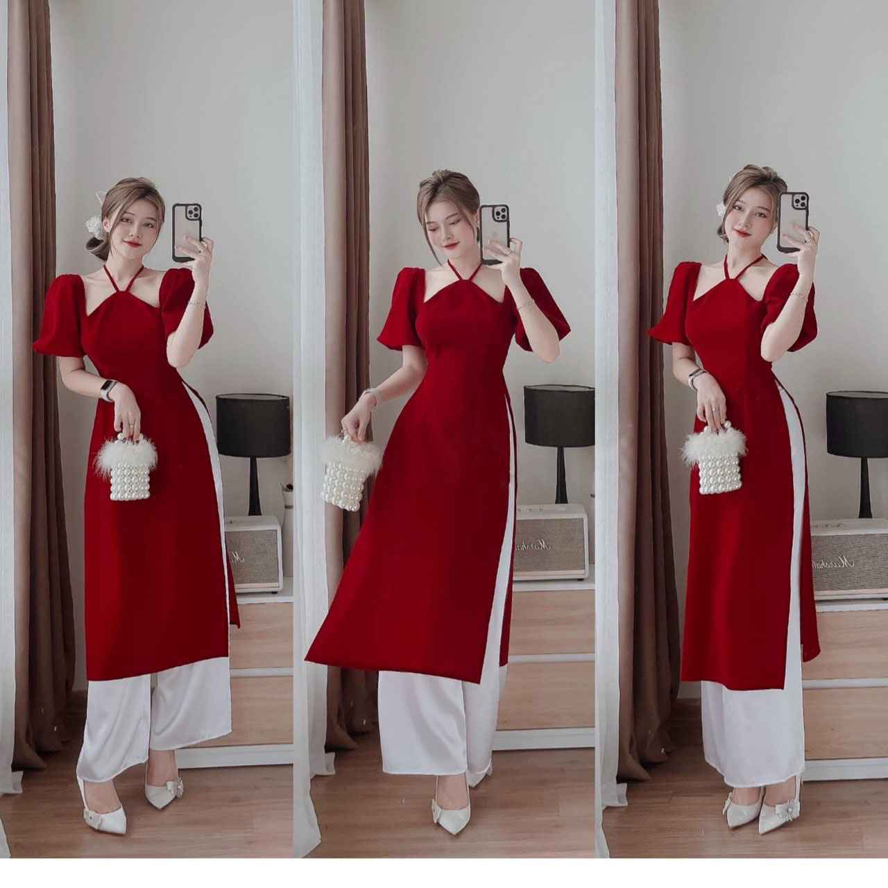 Váy nhung đỏ đô cổ tàu chiết eo nhẹ xoè dài,. váy nhung đỏ cúc bọc diện tết  2022 | Shopee Việt Nam